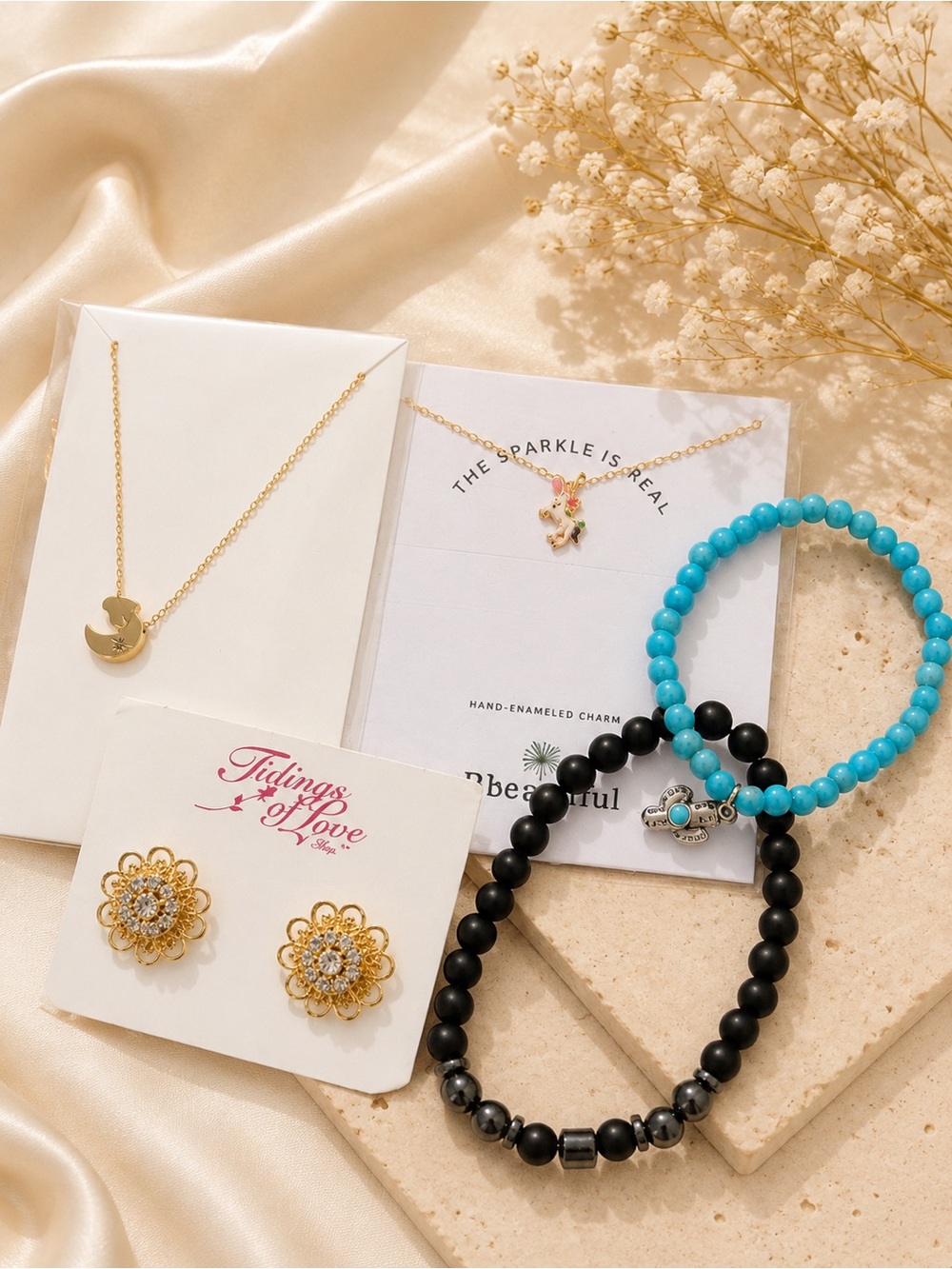 Gold and Black Beaded Bracelet Set